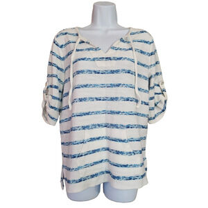 Sleep Sense Womens Knit Top Size S White Blue Striped 1/2 Roll Tab Sleeve